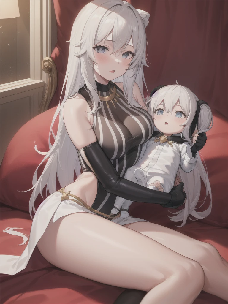 (in hotel, masterpiece, best quality:1.2), 1girl, ((holding baby, hold infant)), waving hair, estrus, sweet temptation, ((elbow gloves))