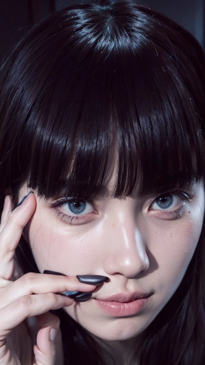 Brunette with droopy eyes, very droopy and tired. two color eyes, red and light blue. Jisoo do BLACKPINK. LIGHT BLUE AND RED TWO-COLOR EYE