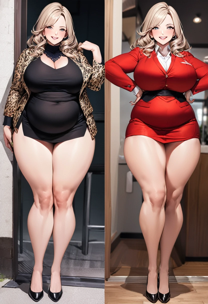 Well dressed in a business elegant outfit. American woman in her 50s. On the left is a before t photo and on the right is a post diehoto. On the left, she has a significant amount of belly fat, weighing around 100kg with heavy hips and thighs. The photo on the right shows a stunning transformation - a beautiful woman at her ideal weight of 64kg. e has a celebrity-like physique with a trim waist, and her body appears healthy and vibrant. She is wearing the same outfit in both photos, but it flatters her new figure perfectly. She has a radiant smile, exuding confidence and joy.