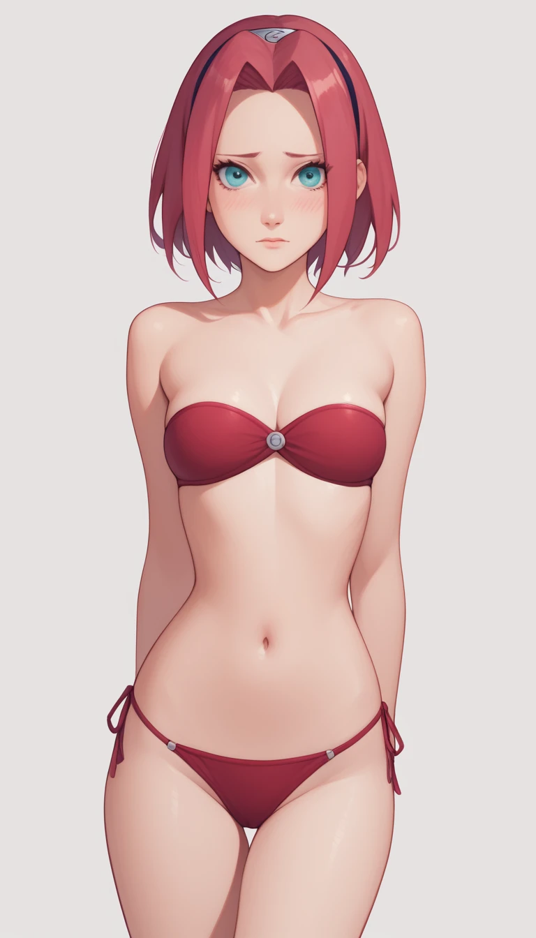 beautiful sakura haruno, with medium breast, lean body, thick waist, wearing strapless bikini, looking at viewer, embarrassed, looking straight to the viewer,