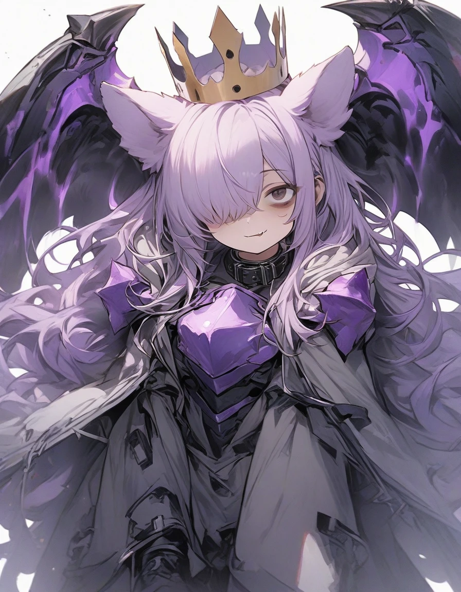 frill,frilled sleeve,(1girl:1.5), {masterpiece), best quality, illustration, expressionless,chest,(purple hair:1.1),,,,bags_under_eyes, (hair over one eye:1.25),,, jimiko, long hair, big hair,(shaded face:1.1),wince, ,, darkness,(dog ears:1.1), chained collar,collar,smile,fang, ,knight armor,(crown:1.2),spiked armor,grey cloak,grey shirts,,,(purple armor:1.1),,,,,standing pose,1girl white background,(tachi-e:1.4),, ,cyber outfit, (cyber hi-tech boots:1.2), high resolution, digital painting, 8k high resolution, trending art station, white background, whole body. hold on high tech energy axe,