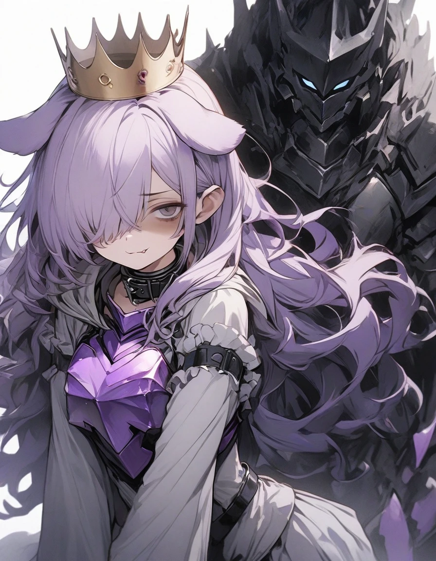 frill,frilled sleeve,(1girl:1.5), {masterpiece), best quality, illustration, expressionless,chest,(purple hair:1.1),,,,bags_under_eyes, (hair over one eye:1.25),,, jimiko, long hair, big hair,(shaded face:1.1),wince, ,, darkness,(dog ears:1.1), chained collar,collar,smile,fang, ,knight armor,(crown:1.2),spiked armor,grey cloak,grey shirts,,,(purple armor:1.1),,,,,standing pose,1girl white background,(tachi-e:1.4),, ,cyber outfit, (cyber hi-tech boots:1.2), high resolution, digital painting, 8k high resolution, trending art station, white background, whole body. hold on high tech energy axe,