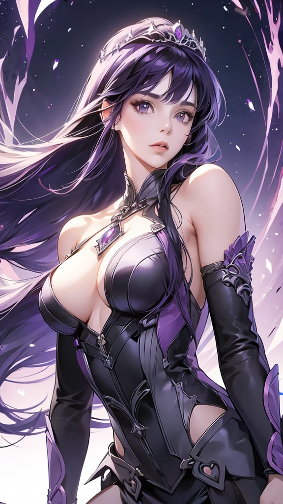 1girl, bare shoulders, black hair, breasts, lips, long hair, looking at viewer, medium breasts, purple hair, solo, tiara,upper body,