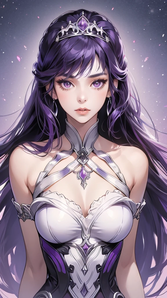1girl, bare shoulders, black hair, breasts, lips, long hair, looking at viewer, medium breasts, purple hair, solo, tiara,upper body,