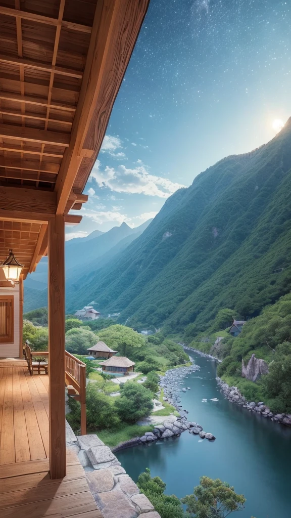 A masterpiece from EbonyGoldAI, 最high quality, high quality, High resolution, (((Beautifully detailed skies))), growなeur, Cottage, growな(grow, wonderful), vision(View), wonderful光景, High resolution, ((Best Shadow)), Realistic, nature, scenery, cloud, Mountain, Grass, rock, hill, cliff, wood, Sidewalk, Background only, Night Sky, moonlight, ((Very detailed)), (Best illustrations), ((Very delicate and beautiful)), Dynamic Angle, river, Trail, bench, 最high qualityの画像品質, quiet, far_Away