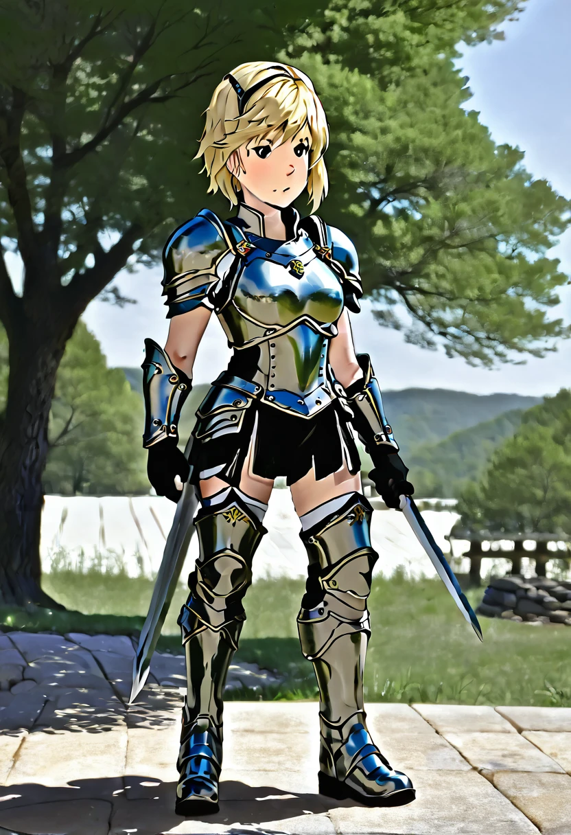 upper body, closed mouth,def_jade,looking at viewer, armor, breastplate,gauntlets, shoulder armor, pauldrons, boots, visor (armor), faulds, plate armor, greaves,outdoors, (masterpiece, best quality, ultra-detailed, best shadow)，blonde short hair