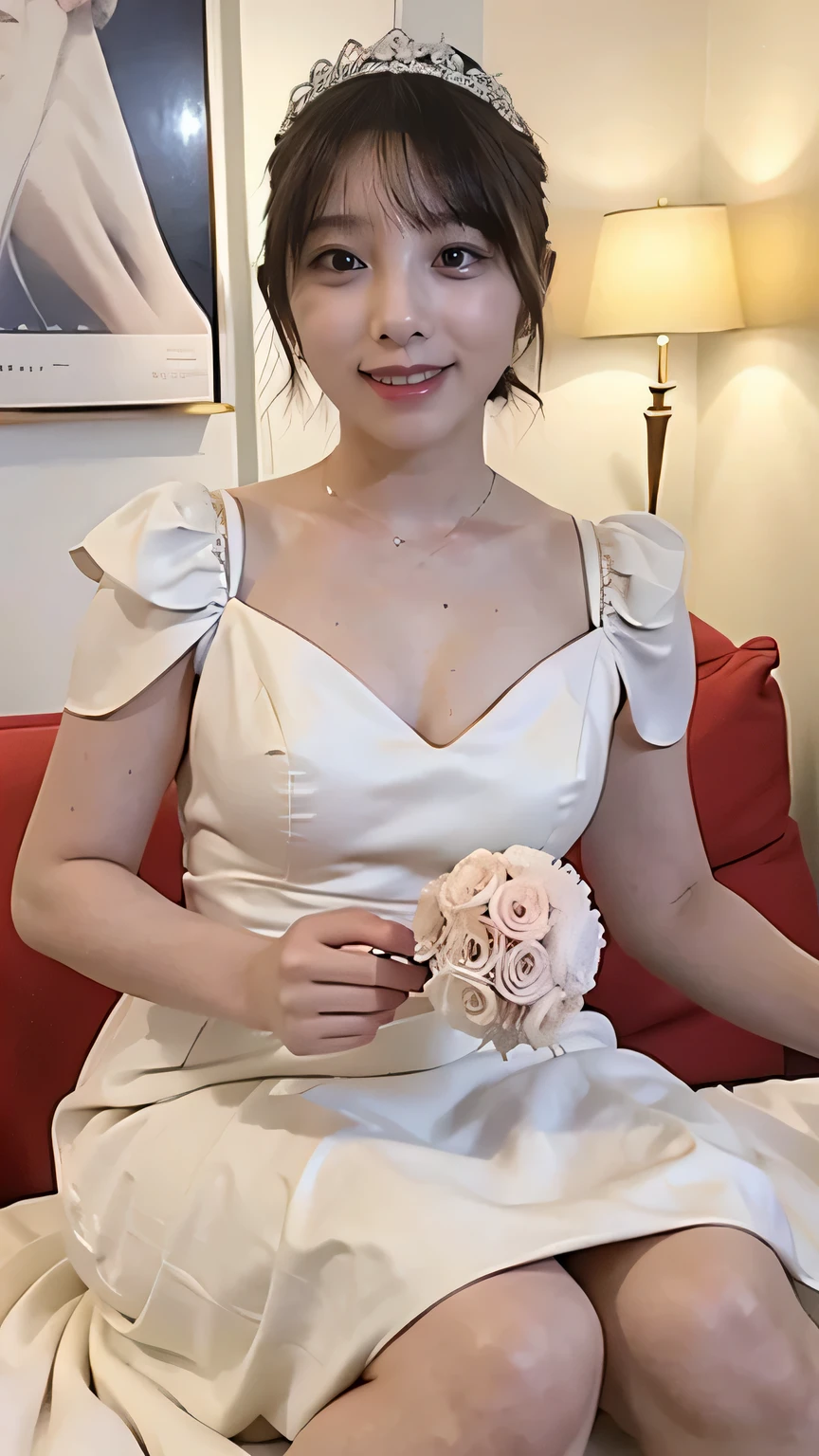 (8k、RAW Photos、Highest quality、masterpiece:1.2)、(Realistic、Realistic)、1 girl、((Wedding dress、Chapel、short hair、View from the front、smile、Look at the camera and smile、stand))、cute、Large Breasts