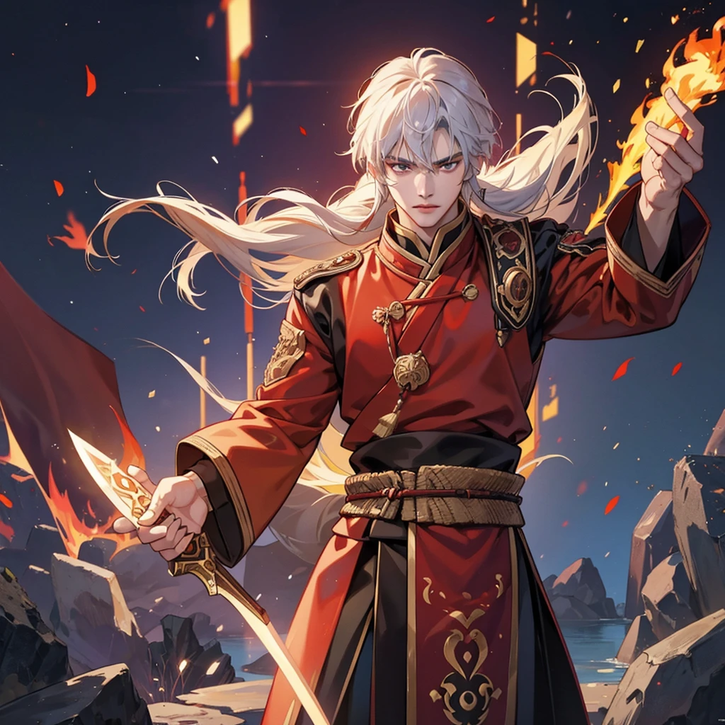 1 handsome genghis khan, manly, handsome, sword, flame, demon slayer, 8k, hd, unreal engine, 