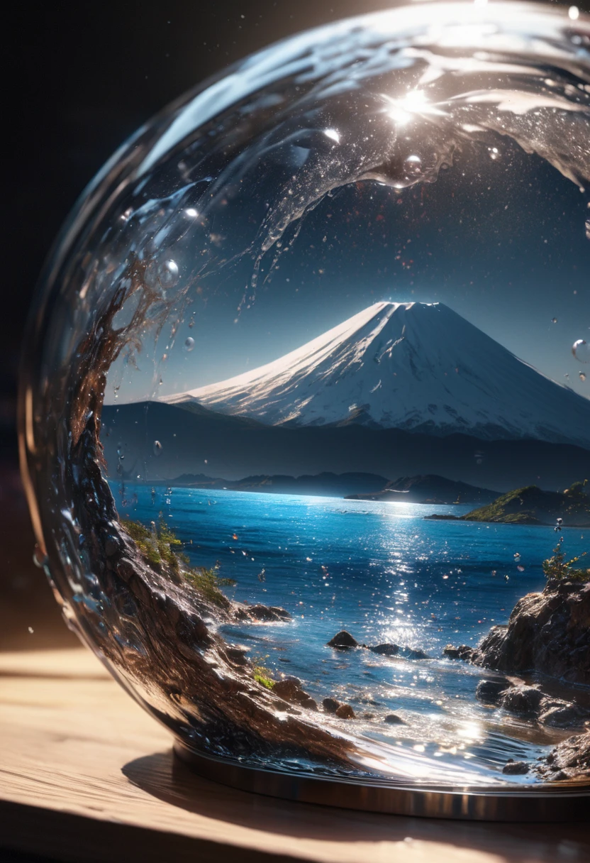 a highly detailed, 8k, glass, water inside the glass, bubbles, bright blue water on the right, like, bright, realistic mount fuji and starry sky inside the glass, photorealistic, masterpiece, studio lighting, extreme detail, hyper detailed, physically-based rendering, sharp focus, cinematic lighting, vivid colors, intricate details