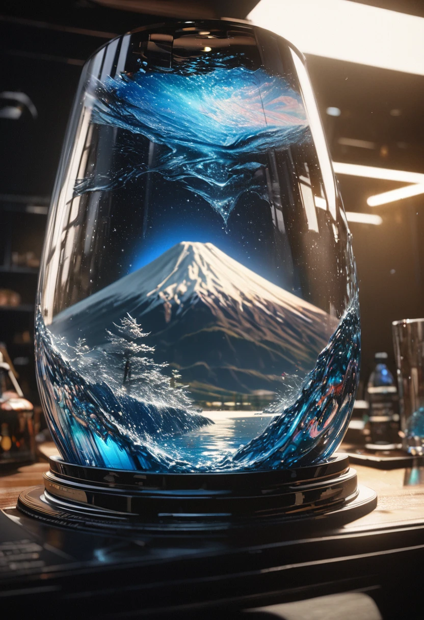 a highly detailed, 8k, glass, water inside the glass, bubbles, bright blue water on the right, like, bright, realistic mount fuji and starry sky inside the glass, photorealistic, masterpiece, studio lighting, extreme detail, hyper detailed, physically-based rendering, sharp focus, cinematic lighting, vivid colors, intricate details