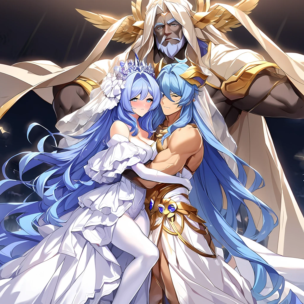 ((Highest quality)), ((masterpiece)), (detailed), (Perfect Face)、The woman embraces, kisses, and makes love to Zeus, the great, strong, bearded, and naked chief god of Greek mythology, and has sex with him on a luxurious bed in heaven.、Women are messengers of God and great angels.6An archangel and god with wings and a shining halo above his head.々The wife of Zeus, the king of the gods, the goddess Extia、The woman is the beautiful Queen of the Gods, Goddess Extia, with medium-long blue hair. She is wearing a gorgeous white wedding dress with gold embroidery and trim, a white wedding veil, an engagement ring, and gorgeous accessories. She is an elegant goddess and a beautiful queen of the gods.