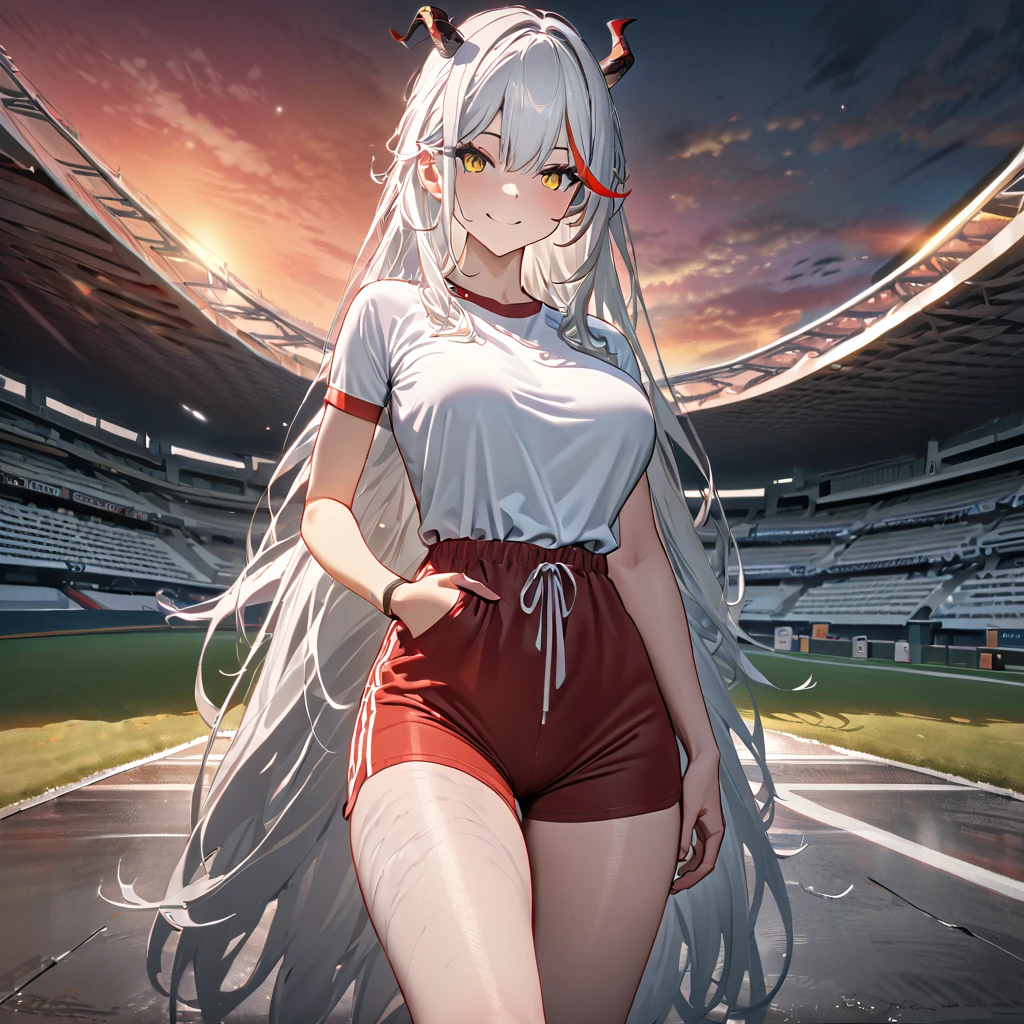 A woman wearing a white sports shirt, red sports shorts, exposed thigh, large breasts, standing posture, hand on waist, yellow eyes, white hair, long hair, red bangs, multicolored hair, horns, outside a sports stadium, in a park, concrete floor with trees around, smiling, place at the end of the sunset,UHD , prime work , accurate , anatomically correct , textured skin , super details , high quality , best quality, 8k, high resolution, bokeh effect. (woman solo), close view
