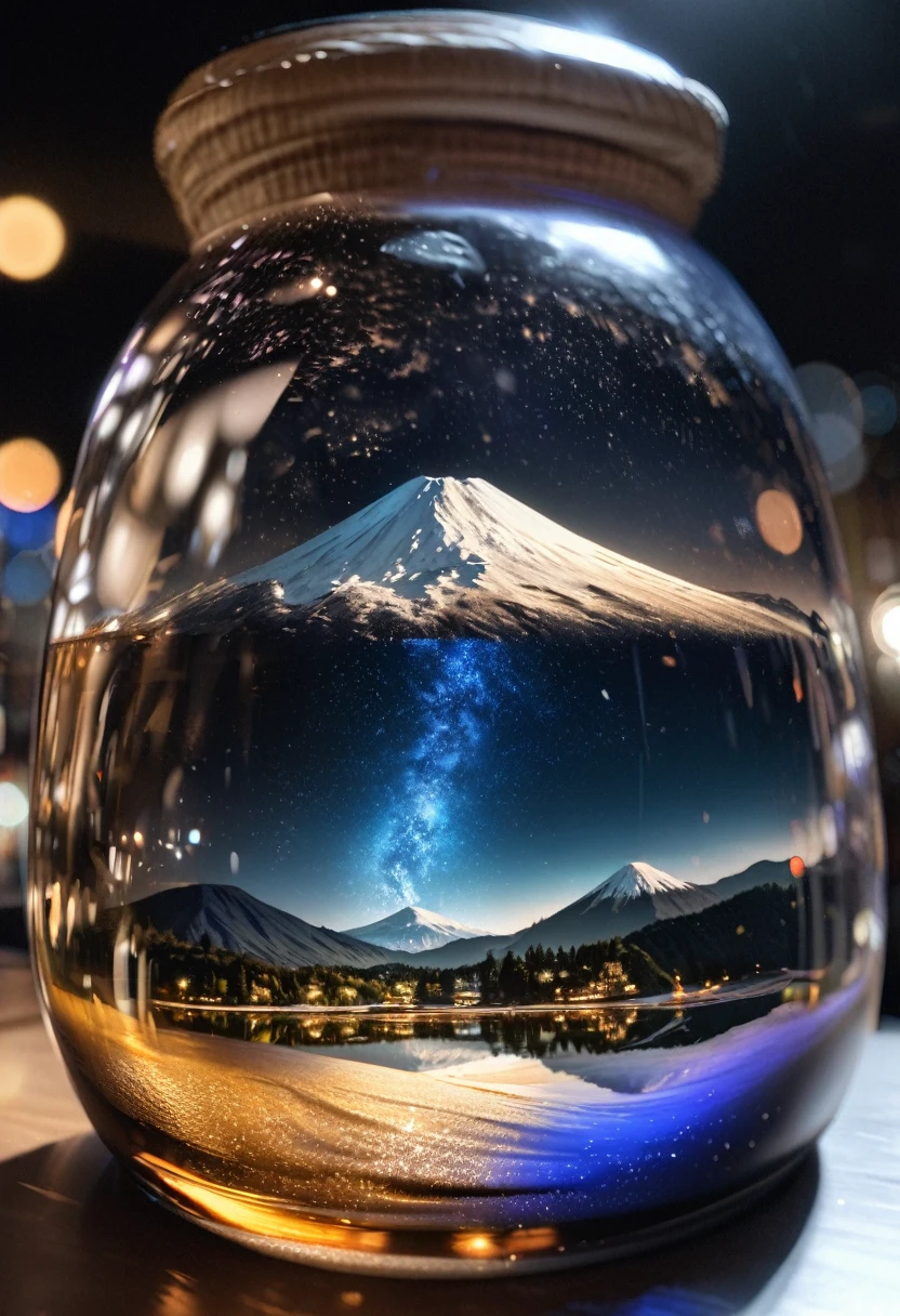 a detailed hyper-realistic 8K glass of water with bubbles, the right side of the glass filled with blue water, beautiful, bright, with Mount Fuji and starry night sky inside the glass, masterpiece, ultra-detailed, realistic, photo-realistic, HDR, studio lighting, physically-based rendering, vivid colors, bokeh