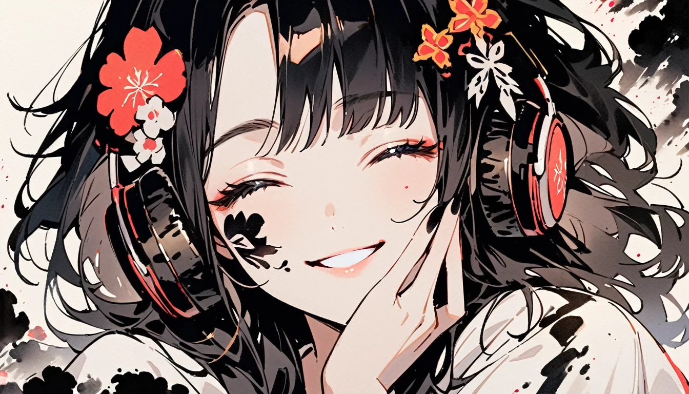 ((Ink Painting)), (((1 girl))), (((Tattoo on face))), (((Gorgeous hair accessories))), Japanese style headphones, face close-up, Japanese beautiful girl, Black Hair, Put your hands on your face, smile