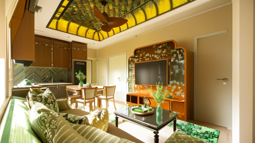 Indochine style, living room and kitchen, day light