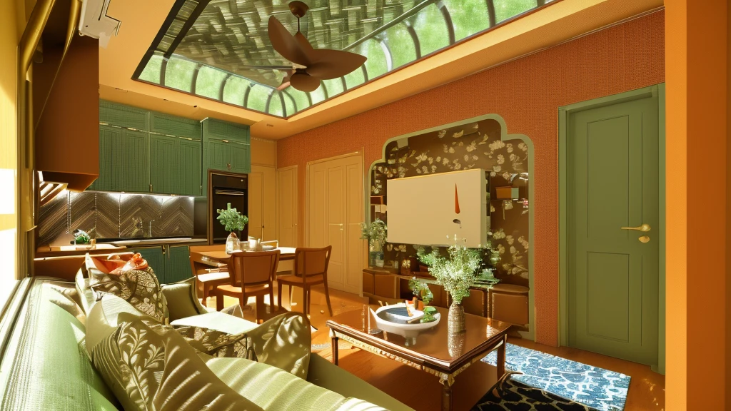 Indochine style, living room and kitchen, day light