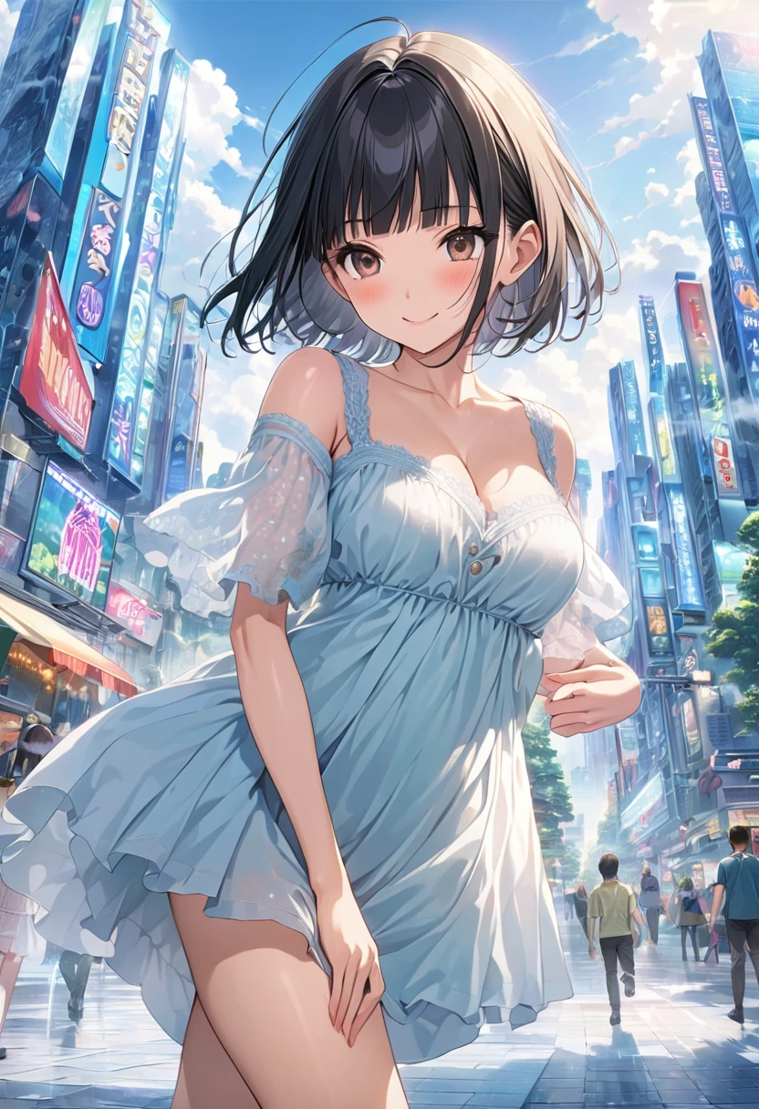 score_9,score_8_up,score_7_up,masterpiece,best quality, source anime, official art, super detailed, extreme detailed, rating_safe,
1girl, walking, ice age, (iced Tokyo city:1.3), 
BREAK girl, 22yo, short hair, bob cut, (blunt bangs), black hair, (tareme, detailed cute brown eyes), curled eyelashes, (large breasts:0.9), 
shiny hair, beautiful detailed eyes, beautiful face,
summer fashion,
blush, smile, (steam),