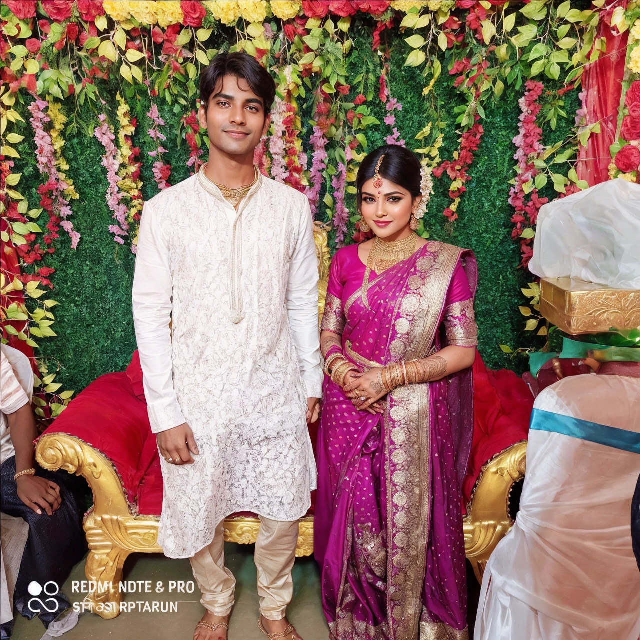 Imagine Imagine The image depicts a couple standing together at what appears to be a wedding or a celebratory event. Both individuals are dressed in traditional Indian attire, indicative of a festive occasion.

The man is wearing a white kurta with intricate embroidery, paired with gold-colored churidar pants. He has short hair and is standing with a relaxed demeanor, with his hands by his sides.

The woman is dressed in a rich, magenta-colored silk saree adorned with gold embroidery and borders. She has accessorized with traditional gold jewelry, including necklaces, bangles, and earrings. Her hair is styled in a neat bun, decorated with white flowers. She also has henna (mehendi) designs on her hands, which is typical for weddings and special occasions. She is standing gracefully with her hands clasped in front of her.

The backdrop features a lush, green artificial wall adorned with colorful flowers, creating a vibrant and festive ambiance. There are red, yellow, and pink flowers hanging in a decorative pattern, enhancing the celebratory feel of the scene. The couple is standing in front of a plush red sofa with gold accents, adding to the regal and festive setting. Additionally, there are gift-wrapped items visible in the background, likely wedding gifts.
The man has a slim face with short, dark hair that is neatly styled. He has a calm expression with a slight smile, projecting a relaxed and composed demeanor. His skin tone is medium, and he appears to be clean-shaven.

The woman has a round face with well-defined features. Her dark hair is styled in a smooth bun adorned with white flowers. She is wearing traditional makeup, which includes a bindi on her forehead, bright red lipstick, and well-defined eye makeup that accentuates her eyes. Her expression is serene, and she is also smiling slightly. Her overall look is elegant and traditional, fitting for the festive occasion.