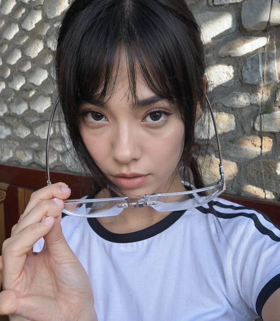 There's a woman taking off her glasses and posing for a selfie, lalisa manobal, A woman young, she has long hair, the hime cut, with long black hair, with black hair, shiny hair, long shiny black hair, putridity, she has black hair, Retrato de Asuka Langley Soryu, lalisa manobal, clear and beautiful skin, pale, delicate asian, Ulzzang kindness, long hair with bangs
