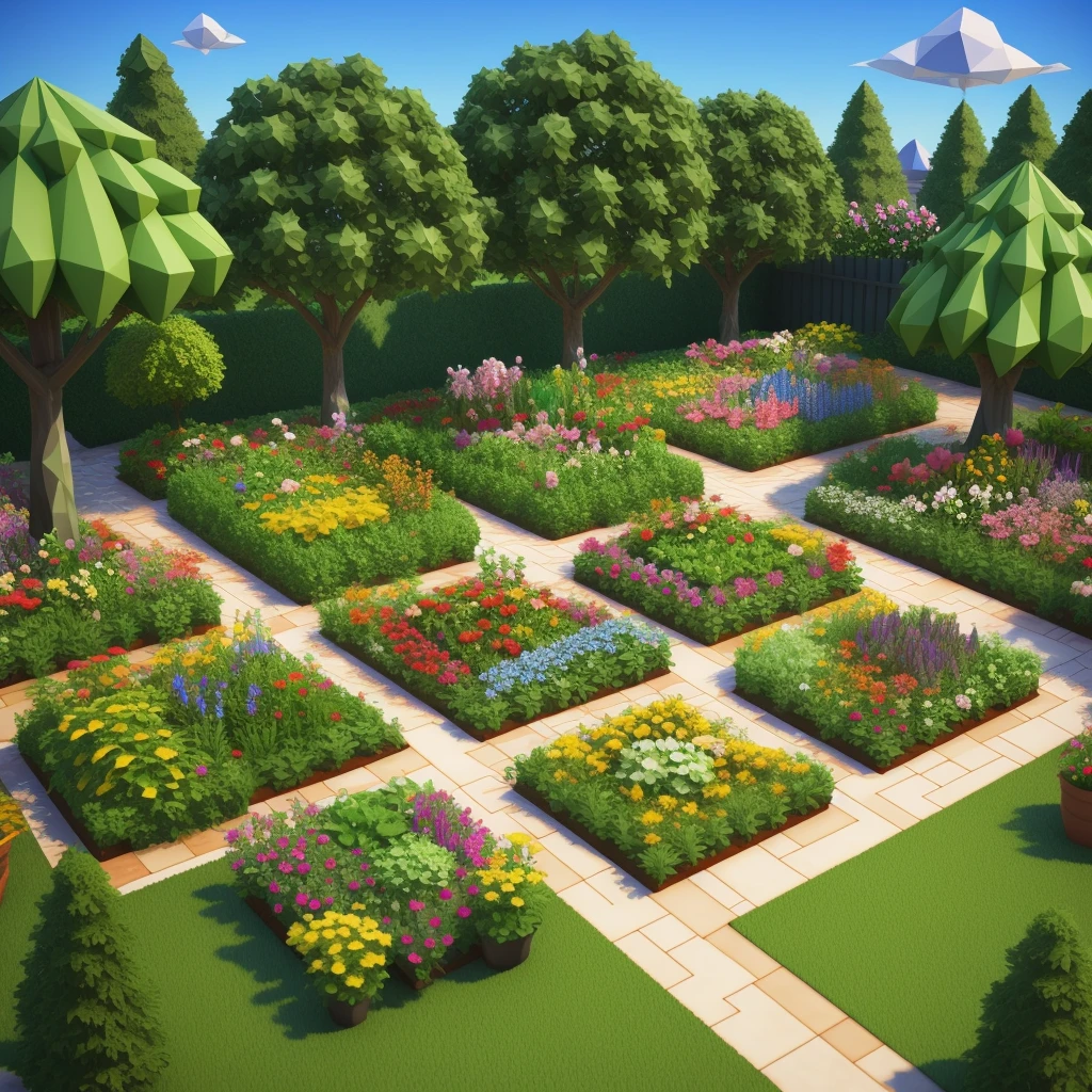 lowpoly garden 3d art cartoon style, high detail, best quality, isometric