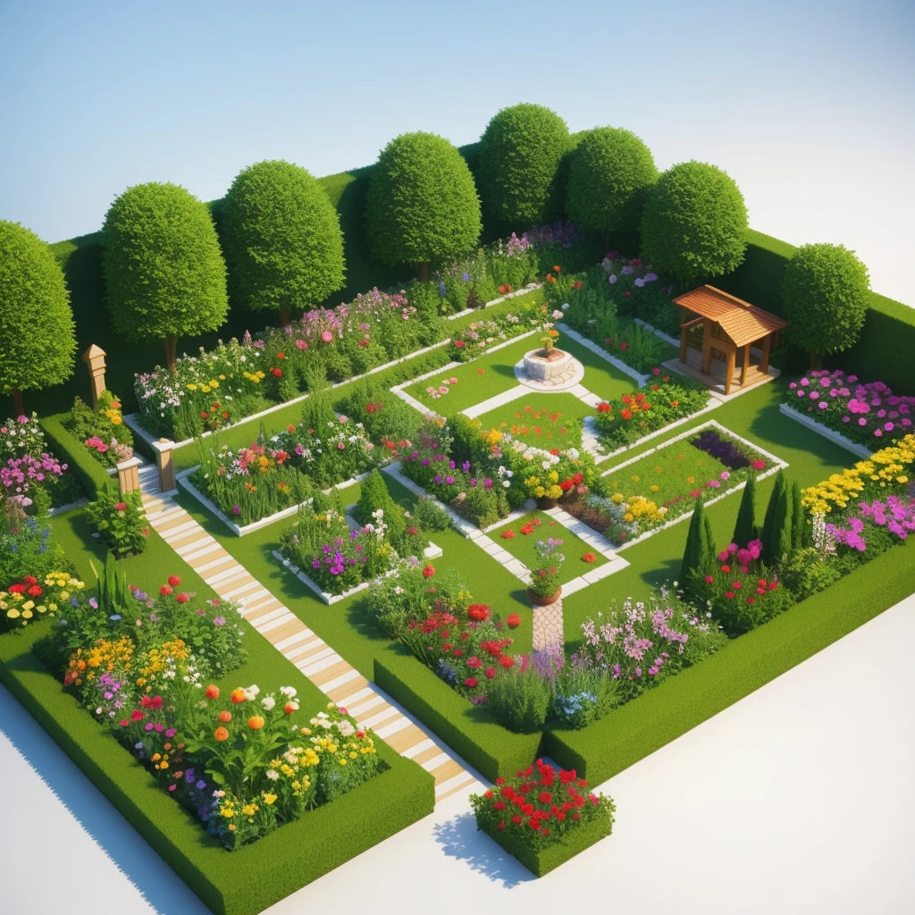 lowpoly garden 3d art cartoon style, high detail, best quality, isometric