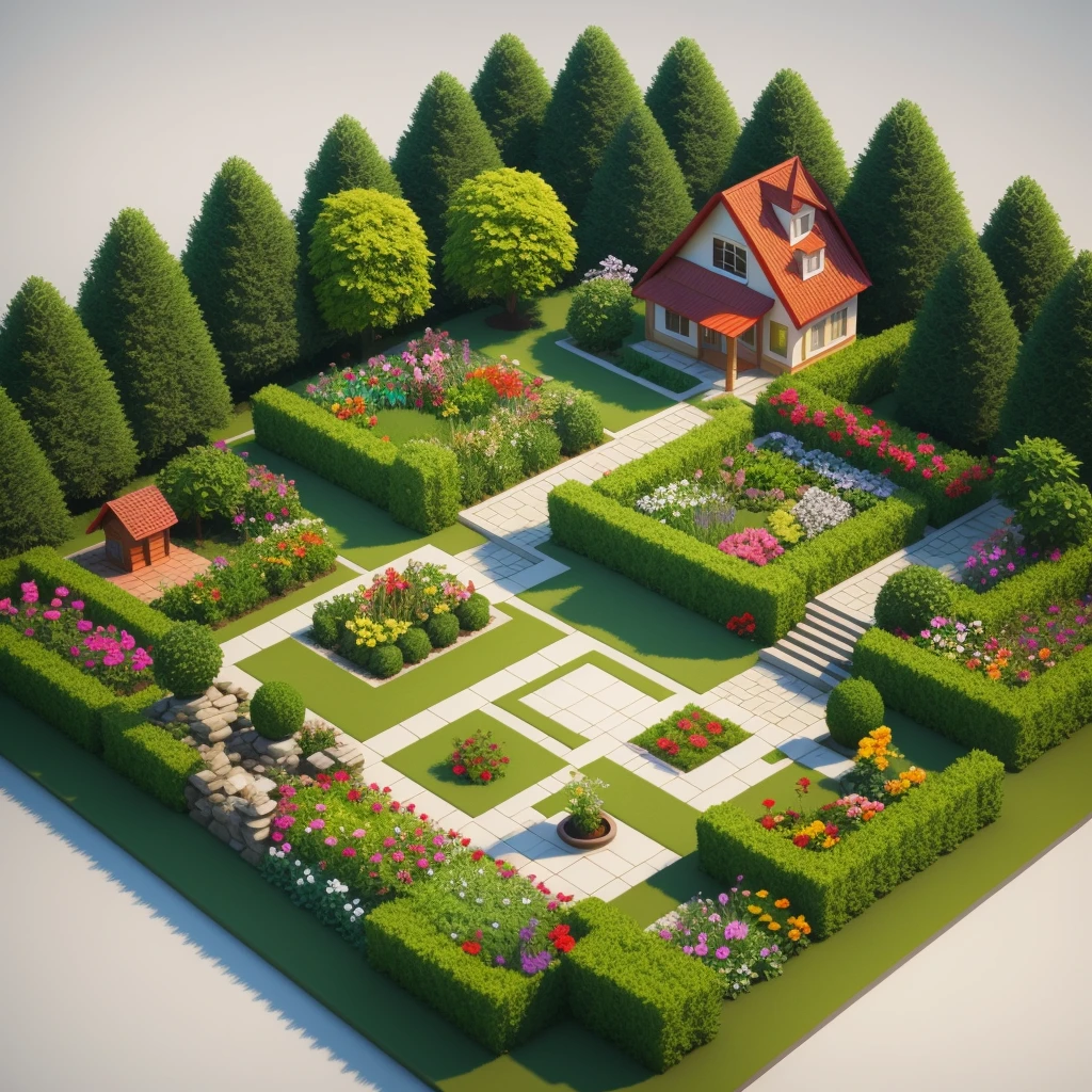lowpoly garden 3d art cartoon style, high detail, best quality, isometric