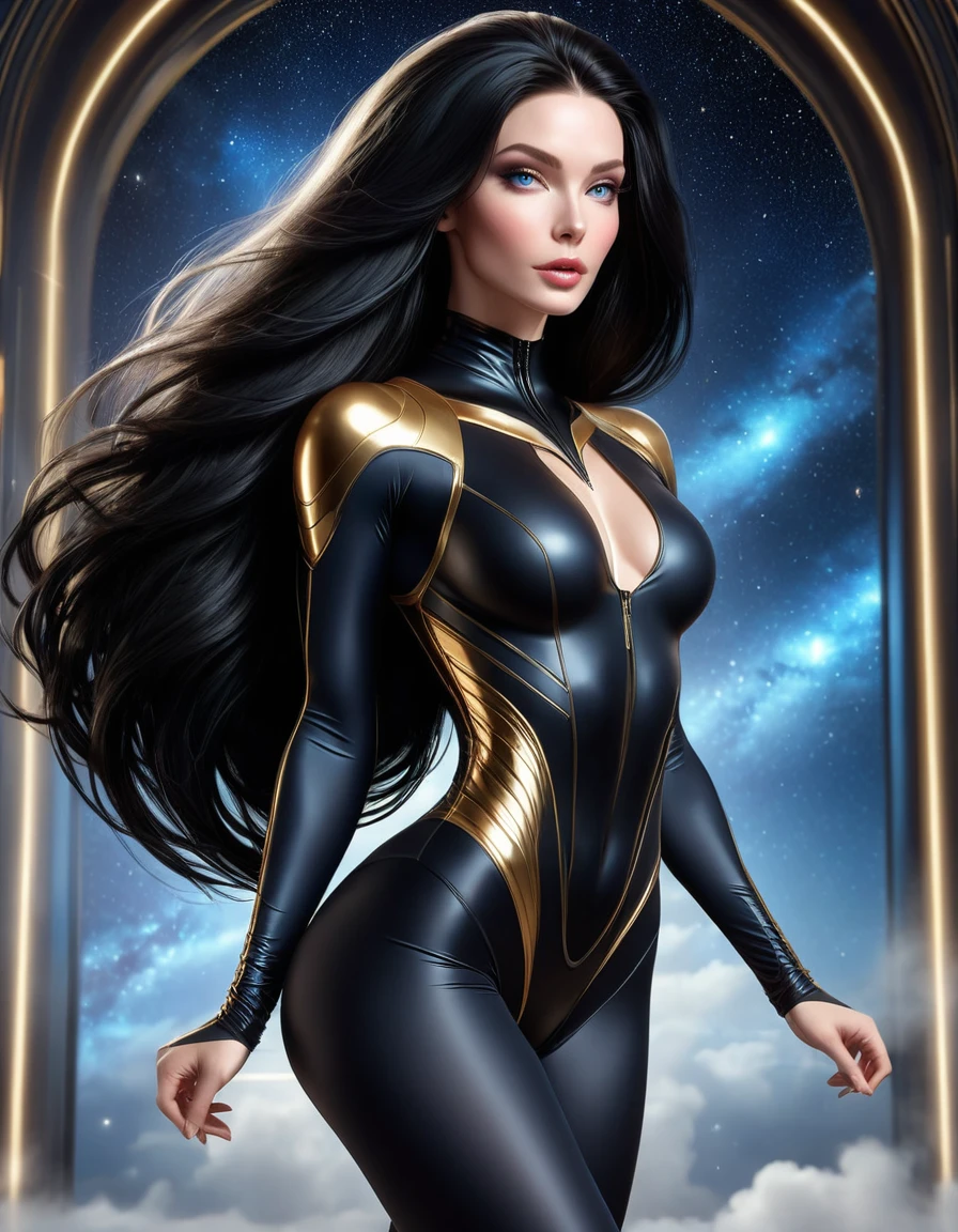 BOMBSHELL BLACK HAIR WOMAN HOVERING IN THE AIR, FEMALE ON BLACK BODYSUIT, VERY PALE SKIN, BLUE EYES, HIGH CHEEKBONES, ROSY CHEEKS, MENTAL FORAMEN, HUGE LONG BLACK HAIR, DREAD HAIRSTYLE, THONG NECK LEOTARD BODYSUIT, NECK BODYSUIT, GOLD GAUNTLETS, GORGEOUS ATHLETIC BODY, DETAILED QUADRICEPS, GORGEOUS THIGHS, BLACK SHOES, MUSCLES, SIDE BODY VIEW, FULL BODY PERSPECTIVE, DARK HALL, HUGE WINDOWS, NIGHT SKY, ACCURATE IMAGE, MASTERPIECE.