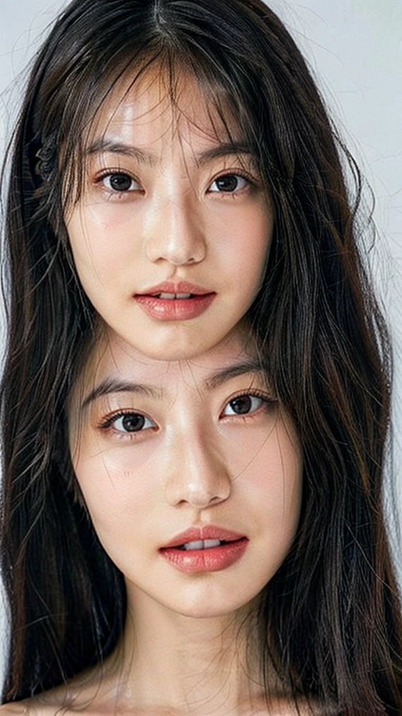 whiteroom, 1 girl, look at the camera, smile, H~I cup, model's expression,big black eyes, wide double eyelids, parallel double eyelids starting from inner corners, high nose bridge, nose positioned higher, small well-shaped mouth, wide mouth, thin lips, smooth fair skin, high cheekbones, symmetrical face, natural eyebrows, droopy eyebrows, slightly thin eyebrows, gentle smile, shiny black hair, straight hair, soft facial expression, well-defined jawline, oval-shaped face, see-through bangs, slightly droopy eyes, round almond-shaped eyes, natural eyeliner, prominent tear bags, very prominent tear bags, healthy cheek color, bright white teeth, well-aligned teeth, moist eyes, dimples, overall impression of gentleness and vulnerability, Tank top, Shiny skin, Sweaty body, Dramatic lighting, Huge breath, (8K, 4K, Best Quality, High Definition, Ultra High Definition: 1.1), (Masterpiece, Realistic, Photorealistic: 1.1),