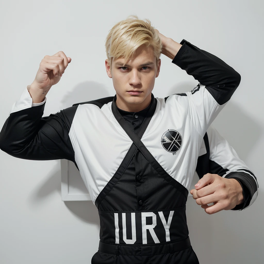 Man, black eyes, blonde hair, taper cut hairstyle, wearing an x suit dominated by white and black, his right hand holding a round shield with the G logo in the middle of the shield, white background.