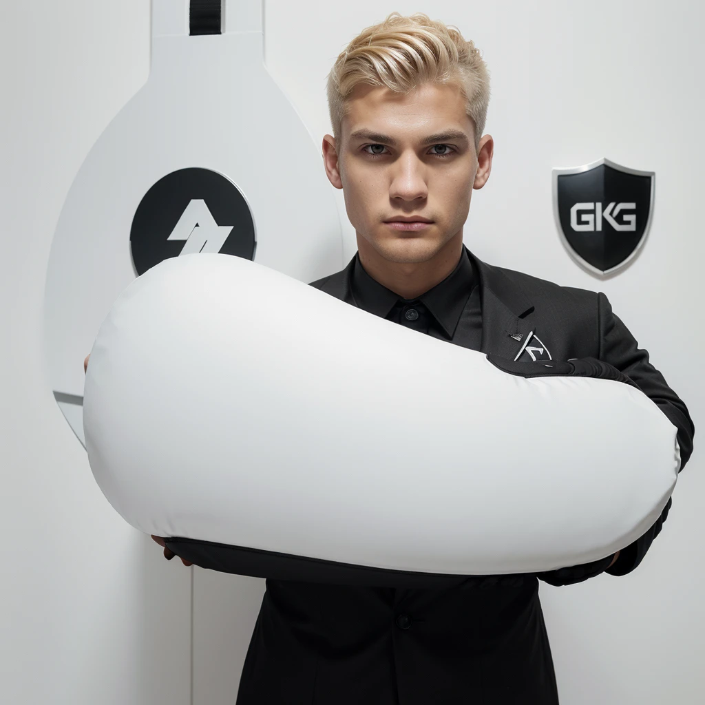 Man, black eyes, blonde hair, taper cut hairstyle, wearing an x suit dominated by white and black, his right hand holding a round shield with the G logo in the middle of the shield, white background.