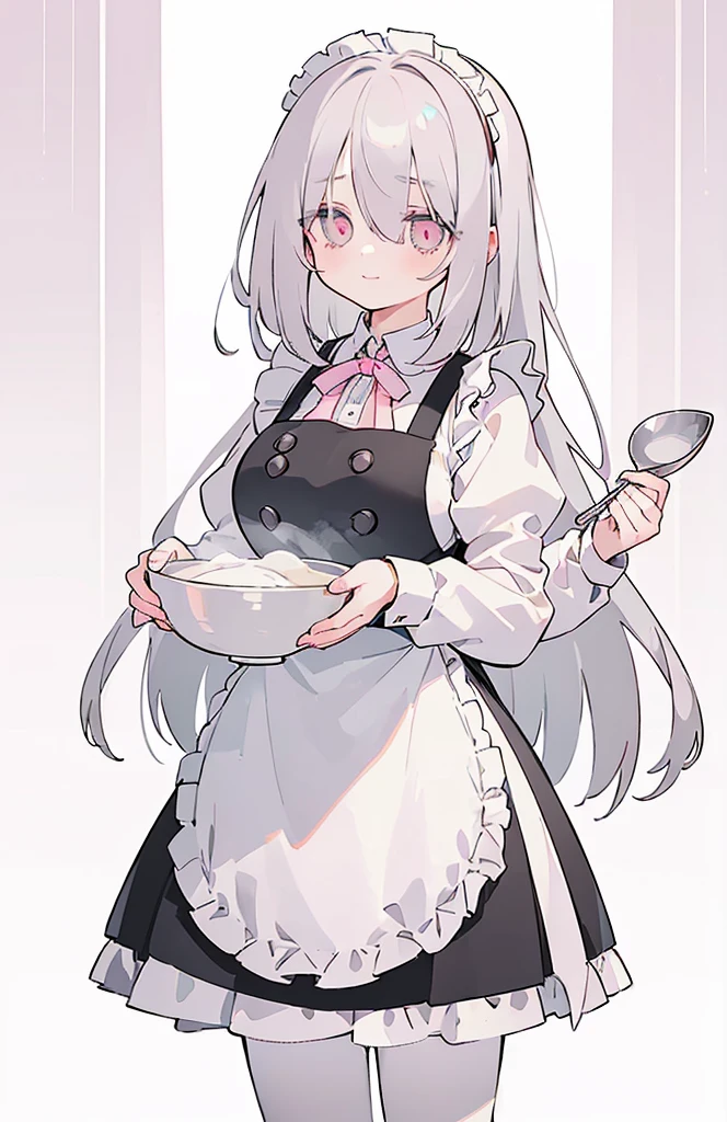 (((Long gray Beautiful Hair))),gray hair,kawai,(((Eyes visible from bangs,hair over eyes:1.3))),,Huge breasts,(pink color eyes),,(pink slanted eyes),1girl in,bangs,long gray hair, pantyhose,Cowboy Shot,white background,short hair,smiled,(wearing pink maid clothes), (maid dress type must have a perfect black vest), Bangs should be long to the tip of the chin(((, focusing on the bowl containing the dough and holding a spoon to stir it))), Kitchen room background, Perfect arm fingers,,, 1 girl, ((The image must match the tag)) Bangs almost cover the eyes full body (The character's entire body from top to bottom is completely visible)