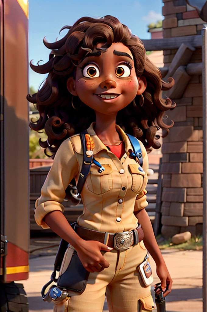 Create a Disney Pixar-style character, Woman, skin black, with long curly dark brown hair, honey colored eyes, in a firefighter outfit