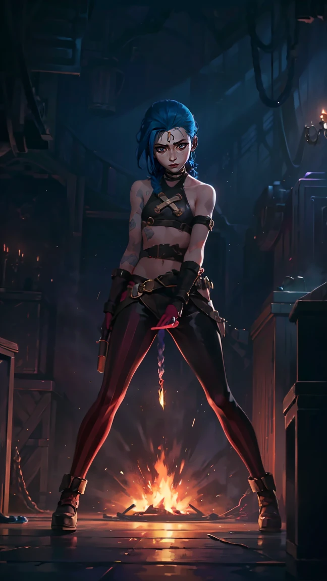 (masterpiece, Best quality), 1 girl, portrait, very sexy, crazy look, smile, crying, pink tears, tears on the cheeks, tears from eyes, full length (full body 1.1.), очень feminine, fighting stance, battle, fire, explosions, burning city, beautiful waist, gloomy composition, flame, fire, Flash, very beautiful, feminine, long hair, hair braided in long braids, very sexy, tight leather pants, emphasis on the eyes, emphasis on the face, Beautiful face, hands, hair, haired ponytail, red purple eyes, Джинкс crying, Blue cloud tattoo, (masterpiece, Best quality), Side lighting, beautiful detailed eyes, crazy face), (Best quality), (masterpiece), magic photography, Spectacular lighting, photorealism, ultra detailed, интимная portraitная композиция, 1. 4,8 K UHD, aesthetic, Cd., a high resolution, 8 K, Better lighting, Best shade, Ultra-HD, a high resolution, Sharp Focus, complex background, cinematic lighting, ((Landscape view)), 4K block, (Better lighting), ((cinematic lighting)),