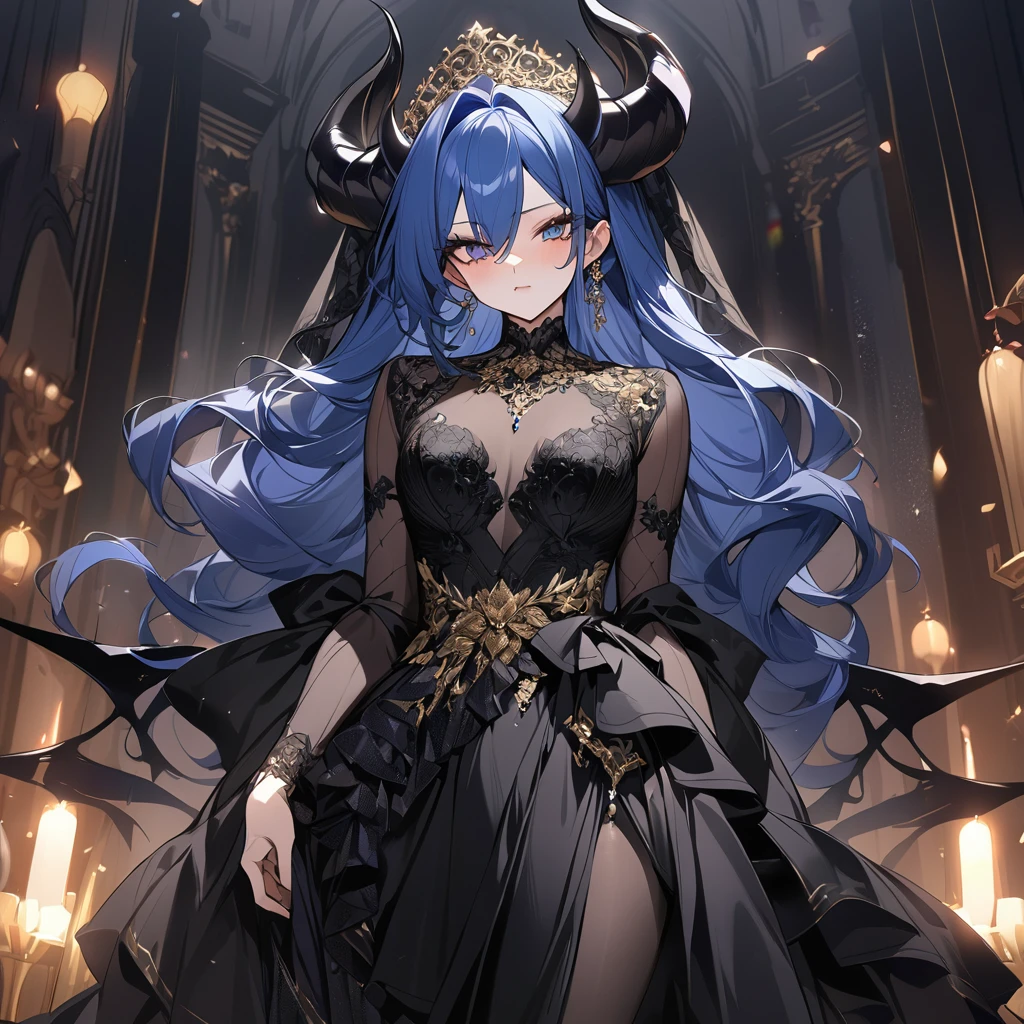 ((Highest quality)), ((masterpiece)), (detailed), （Perfect Face）、The woman was beautiful, A pitch-black demon with pitch-black skin, Evil Queen, Devil Extia. She had medium-length blue hair., She wore a gorgeous black wedding dress with gold embroidery and decoration., Black Wedding Veil, Engagement Rings, Gorgeous Accessories. She was elegant, beautiful大悪魔の女王.、beautiful, A dark-skinned demon with impressive devil horns., Devil&#39;s Wings, And the devil&#39;s tail.