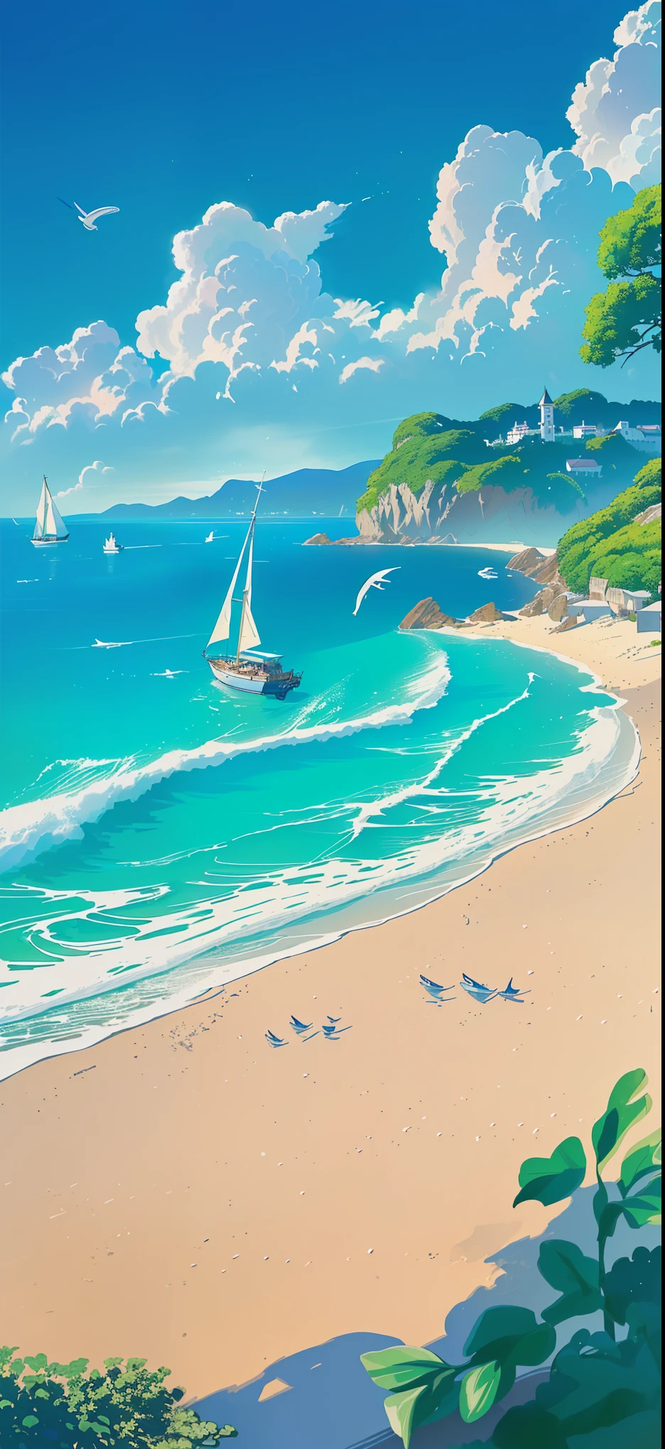 (masterpiece, top quality, best quality, Extremely detailed details, official art, Light Effect, Beauty and aesthetics: 1.2)，There is a painting，The painting is about the beach，There is a sailboat on the water, Stylized digital illustration, A beautiful artistic illustration, highly Detailed numbers, Yoshihiko Wada, very Detailed numbers, Blue Sea. author：Shinkai Makoto, author：Nobutada Yanagawa, Detailed numbers, Beautiful digital illustrations, Shinkai Makoto 西里尔·罗兰多