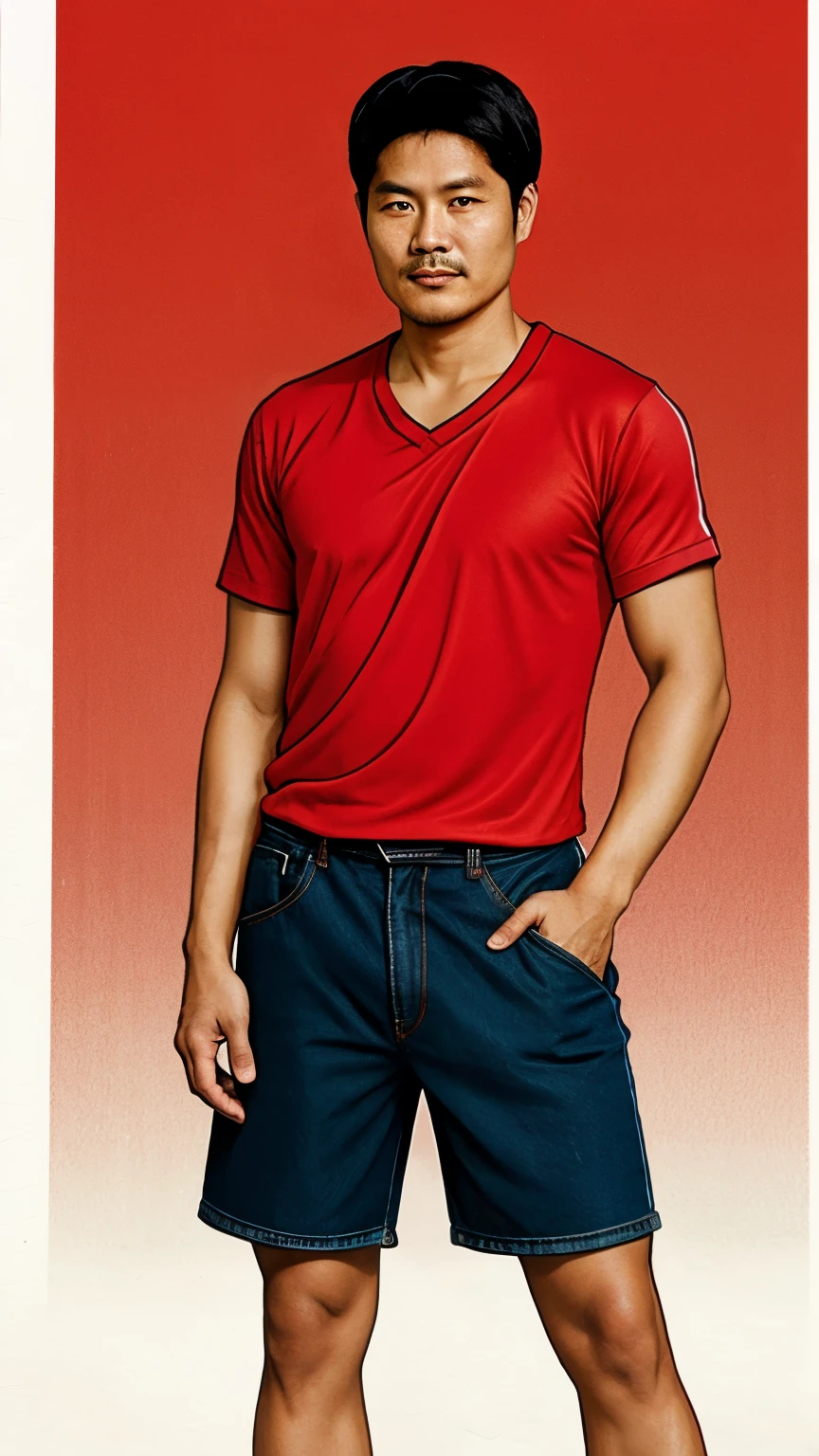 Illustration style: A 45-year-old Chinese man named Kunbo with single eyelids, dark skin, short straight black hair, and a thick short beard. He is wearing a red cloth sports headband, a gray t-shirt, denim shorts, leather sandals, and has a white towel draped over his left shoulder. He is standing, anxiously waiting for someone, with a melancholic expression. -0001