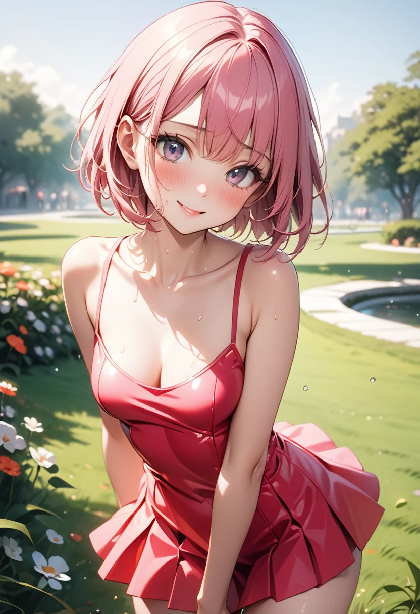 ((One-piece dress)), (Pleated skirt), Gloss Outfit, skinny, solo, 1 woman, Masterpiece, highest quality, highest quality, 16K, incredibly absurd, highly detailed, 2.5D, ai-generated, delicate and dynamic, very delicate facial expressions, delicate eye depiction, erotic, only sexy woman, ((A cute and kind face)), healthy figure, ((25-year-old woman)), 160cm tall, medium firm swaying bust, (short hair), (pink hair:1.5), bob cut, black eye, blush, Sweat,Embarrassed,sexy, ((thin thighs)), (camel toe:0.5), (visible nipples:0.8), (Erect nipples,:0.5), ((shiny and lustrous)), facing straight at viewer, smile, (standing), cowboy shot, ((arm at side)), Large park, daytime, bright, on the grass, (((Pop colour outfit))),