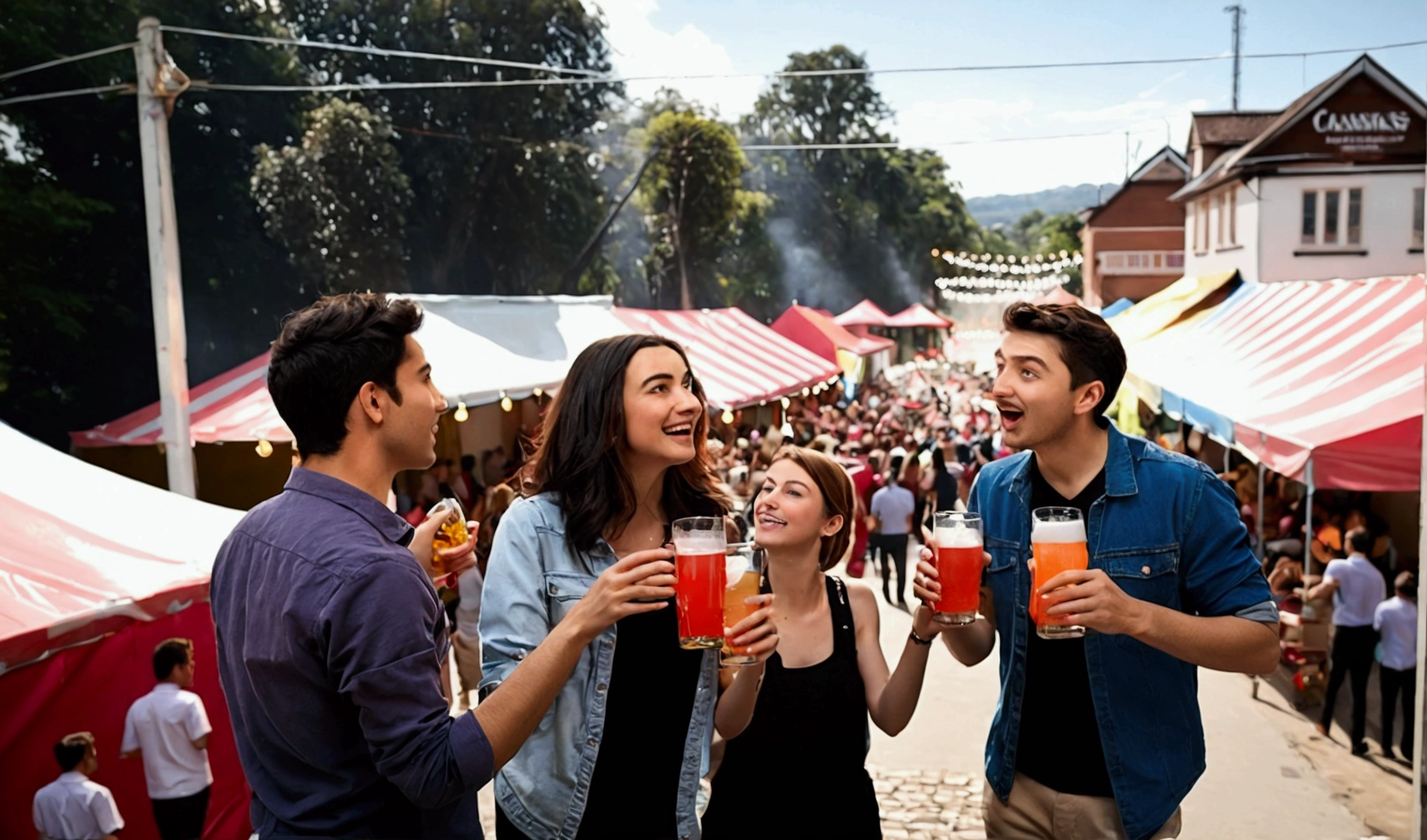 aerial image of an outdoor party with friends wearing matching clothes and drinking beer