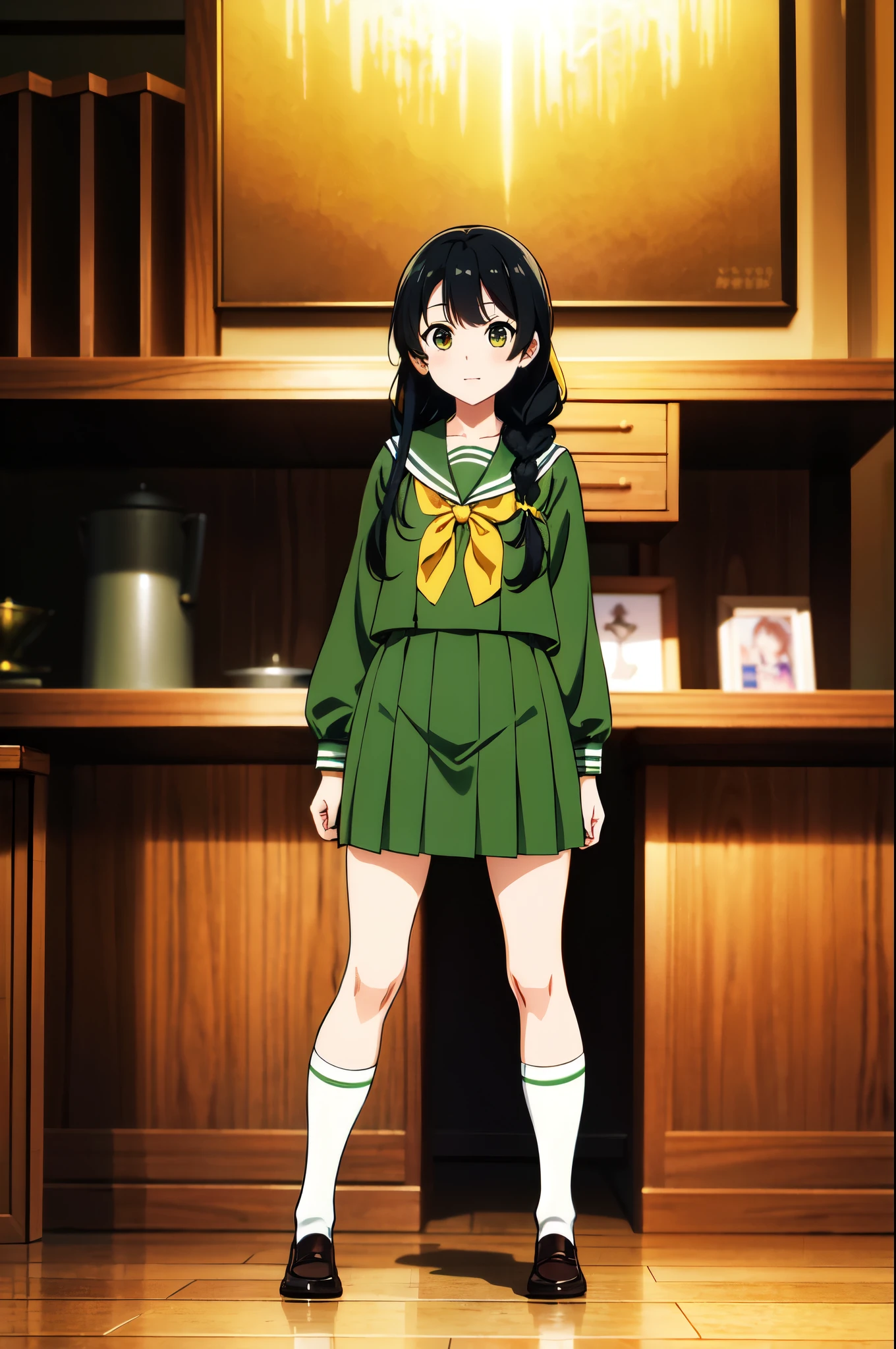 masterpiece, 32K, extremely detailed, finely detail, intricate details,
BREAK
(absurdres:1.1, highres:1.1, ultra detailed:1.1),
insanely detailed, absurdres,
(high resolution:1.1, ray tracing:1.1, refraction:1.1)
(1 girl, 独奏:1.3),
BREAK
perfect symmetrical face, Black Hair, high school girl, Green sailor suit, Yellow ribbon, Knee-high socks, loafers, Braid, メガネ
BREAK
(((full body))), standing,
BREAK
