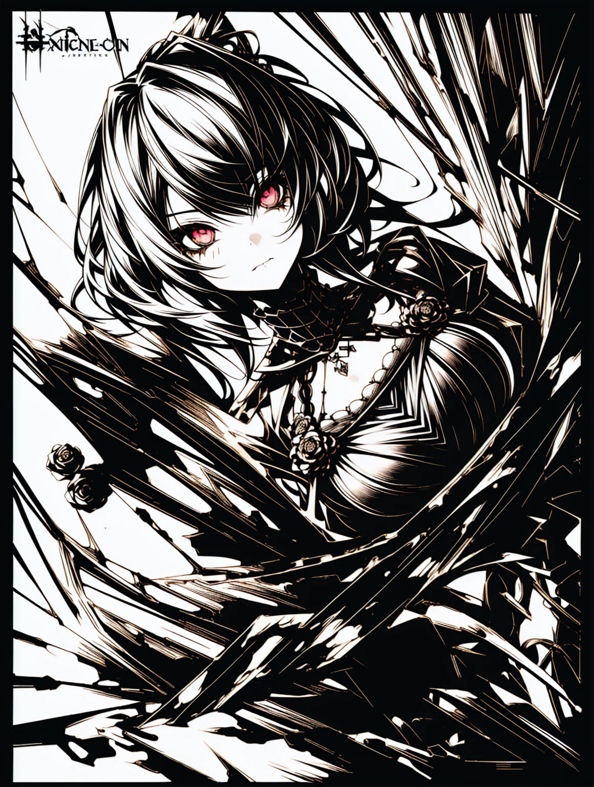 v5lcn style,(Highest quality,Tabletop:1.2),(Anime Style,Comic Noir Style:1.1),One Girl,Cute Style,Adorable,Highly detailed eyes,Highly detailed face,Very fine hair,8k,solve,Gothic Dress,Gothic Punk