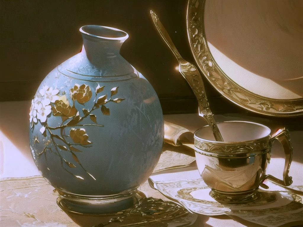 a vase and a cup with a spoon on a table, highly detailed, elegant still life, photorealistic, warm lighting, glossy surfaces, intricate textures, natural composition, golden ratio, chiaroscuro lighting, soft focus background, luxurious decor, (best quality,4k,8k,highres,masterpiece:1.2),ultra-detailed,(realistic,photorealistic,photo-realistic:1.37)