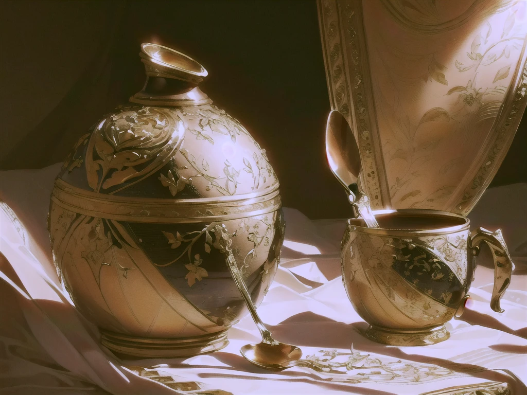 a vase and a cup with a spoon on a table, highly detailed, elegant still life, photorealistic, warm lighting, glossy surfaces, intricate textures, natural composition, golden ratio, chiaroscuro lighting, soft focus background, luxurious decor, (best quality,4k,8k,highres,masterpiece:1.2),ultra-detailed,(realistic,photorealistic,photo-realistic:1.37)