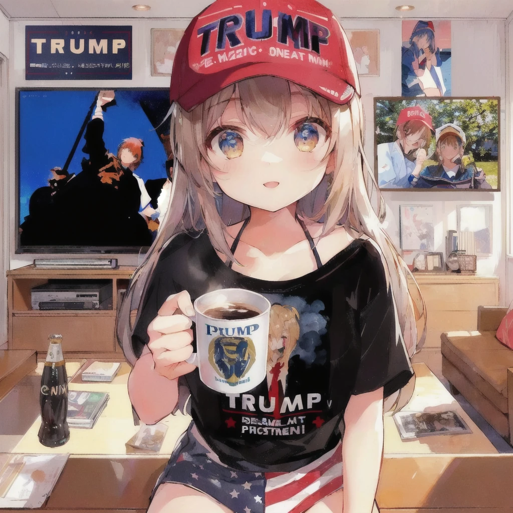 トランプシャツを着てコーヒーカップを持っているanimeの女の子, Open Mouth Smile,Trump hat,LCD TV,poster on wall,Cola bottle on table,trending on Pixiv, wife, everyone, future!!, trending on artstation Pixiv, Pixiv trending, popular on Pixiv, Official artwork, president, By Yuumei, 80年代のanimeスタイル,anime trending artwork, Pixiv, anime!!!!!!!!!!!!!!!, at Pixiv