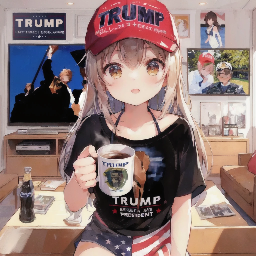 トランプシャツを着てコーヒーカップを持っているanimeの女の子, Open Mouth Smile,Trump hat,LCD TV,poster on wall,Cola bottle on table,trending on Pixiv, wife, everyone, future!!, trending on artstation Pixiv, Pixiv trending, popular on Pixiv, Official artwork, president, By Yuumei, 80年代のanimeスタイル,anime trending artwork, Pixiv, anime!!!!!!!!!!!!!!!, at Pixiv