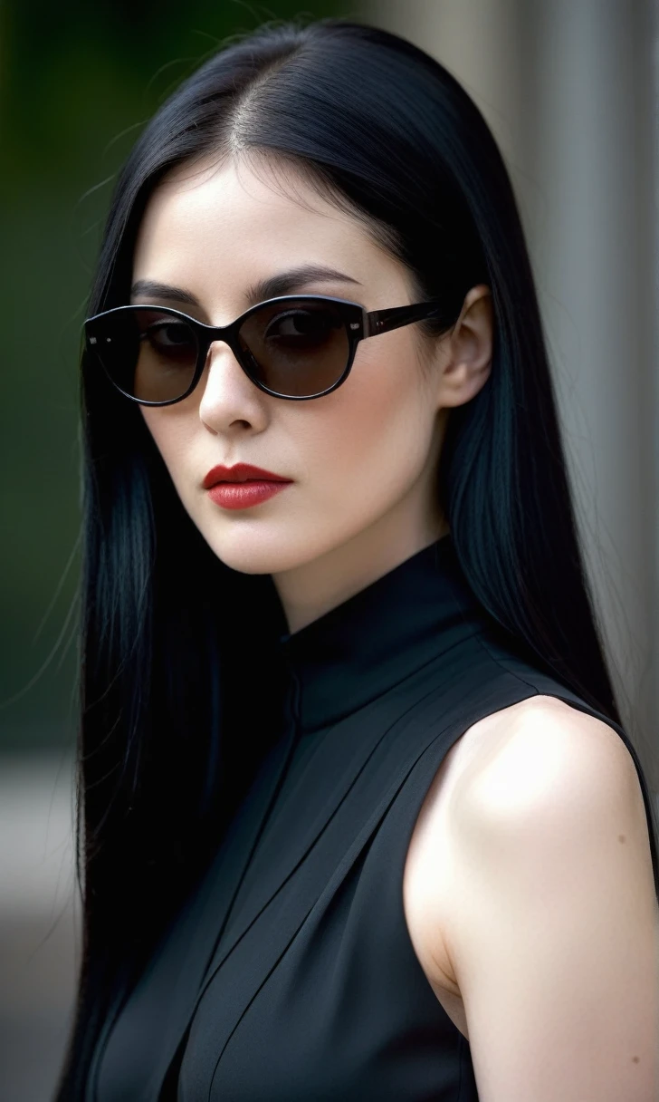 A woman with long, straight black hair flowing around her shoulders. Her skin is very pale, and she has striking black eyes, though they are hidden behind stylish sunglasses. She wears a sophisticated, dark outfit, and her overall demeanor is calm and mysterious. The sunglasses add an element of intrigue and concealment, while the background is softly blurred, highlighting her distinctive and enigmatic appearance. Portrait image.