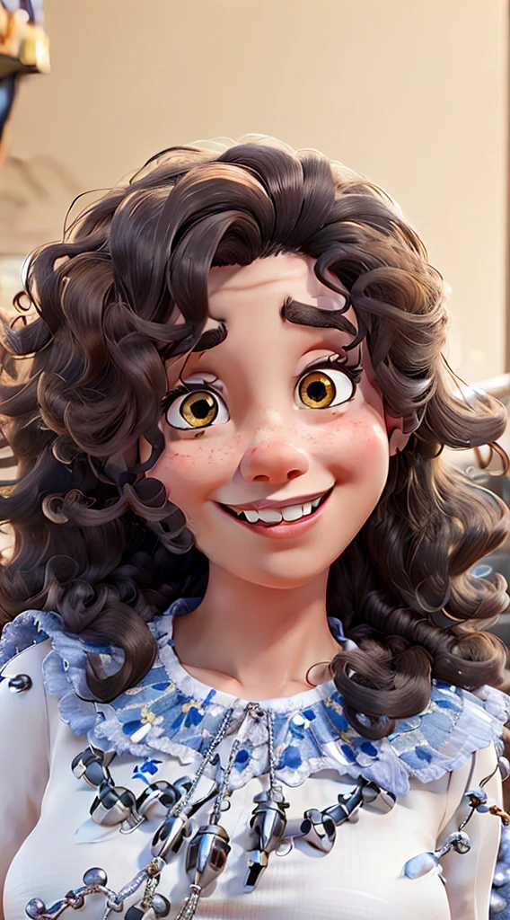 Create a Disney Pixar-style character, Woman, black, long curly dark brown hair, honey colored eyes, Grinning, in a firefighter outfit