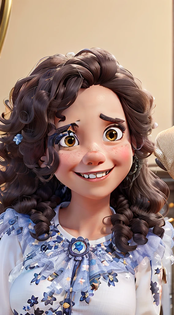 Create a Disney Pixar-style character, Woman,  black, long curly dark brown hair, honey colored eyes, Grinning, in a firefighter outfit 