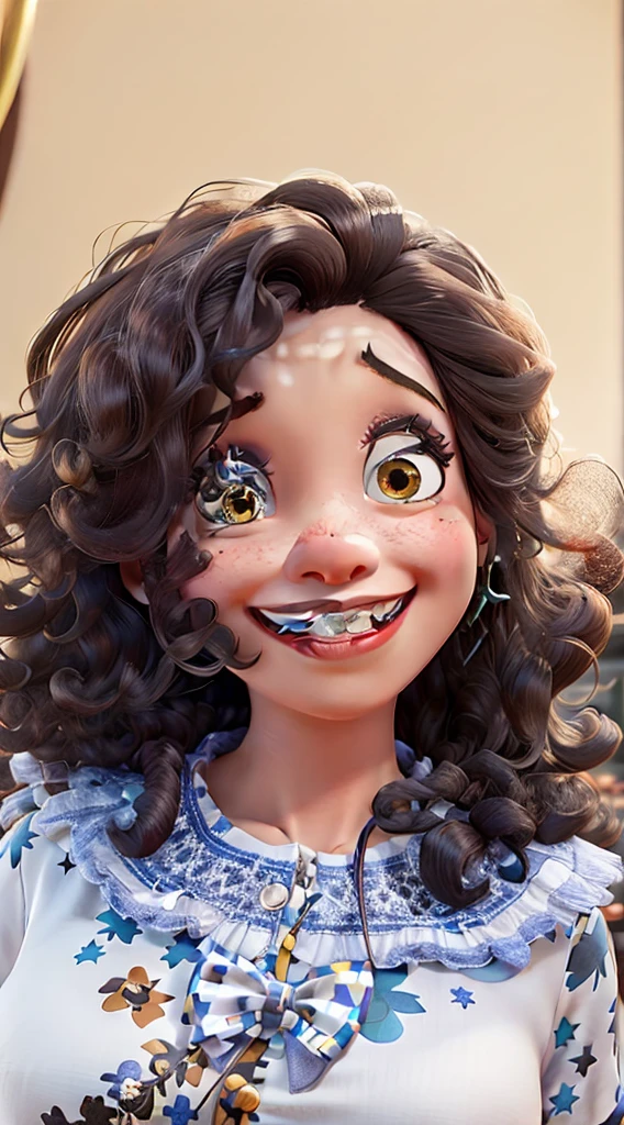 Create a Disney Pixar-style character, Woman, black, long curly dark brown hair, honey colored eyes, Grinning, in a firefighter outfit