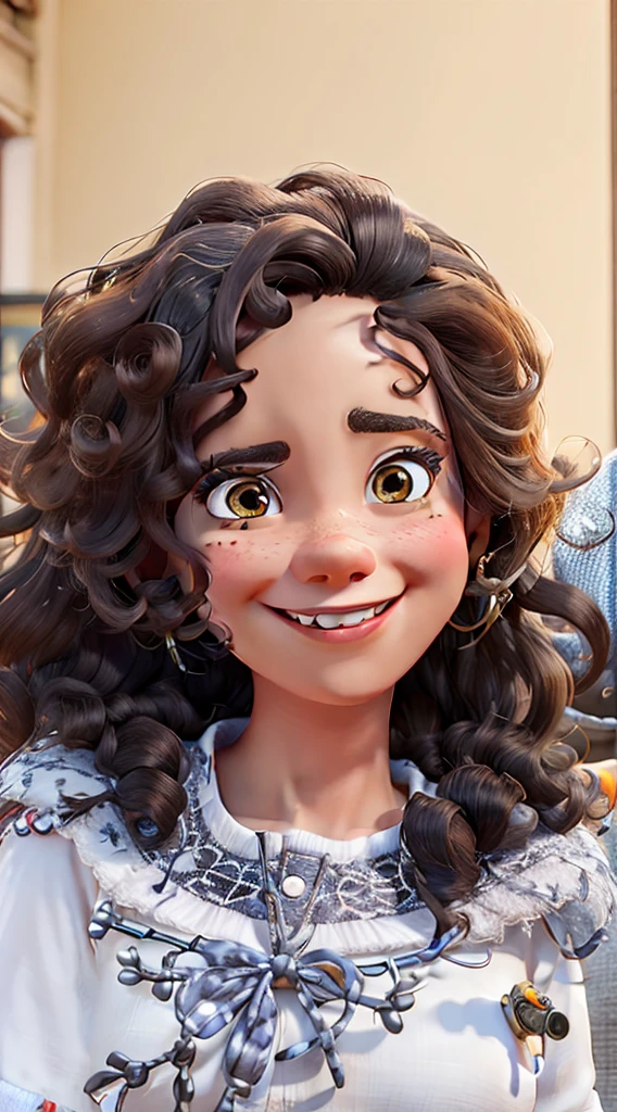 Create a Disney Pixar-style character, Woman, black, long curly dark brown hair, honey colored eyes, Grinning, in a firefighter outfit