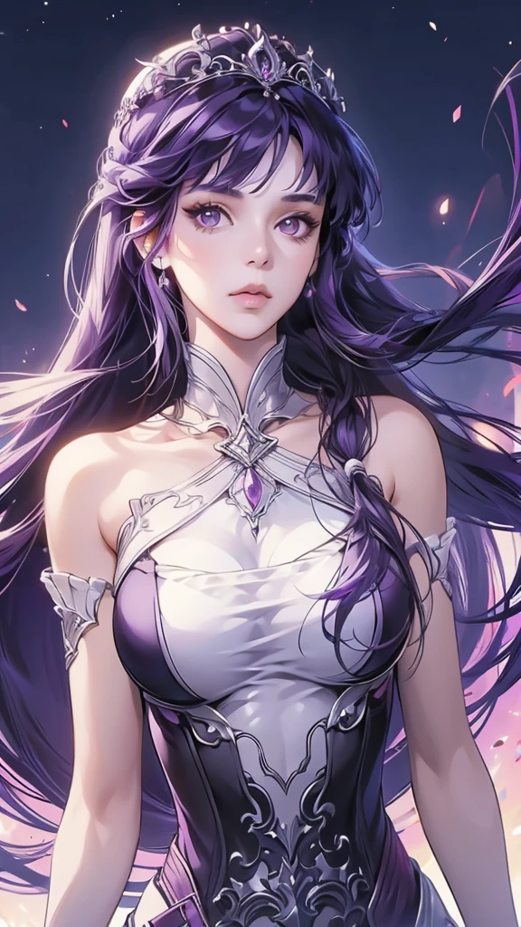 1girl, bare shoulders, black hair, breasts, lips, long hair, looking at viewer, medium breasts, purple hair, solo, tiara,upper body,